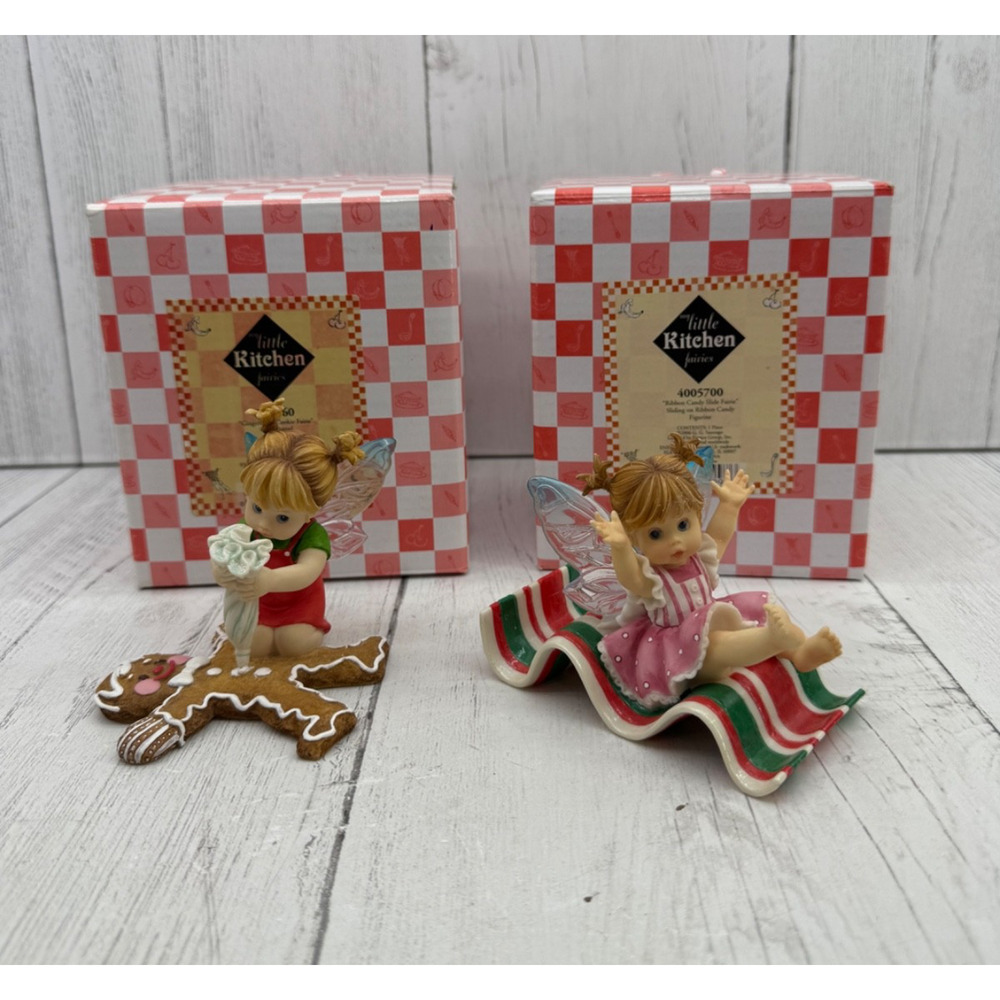 Holiday Kitchen Fairies Set 2 Ribbon Candy Gingerbread Cookie Christmas Figurine